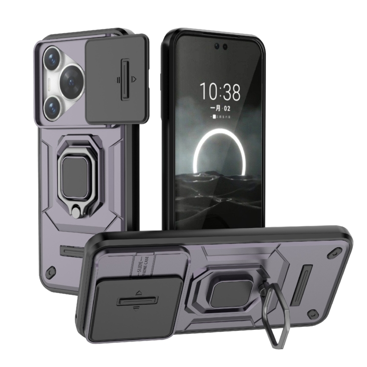 

For Huawei P70 5G Sliding Camshield TPU + PC Shockproof Phone Case with Holder(Purple)