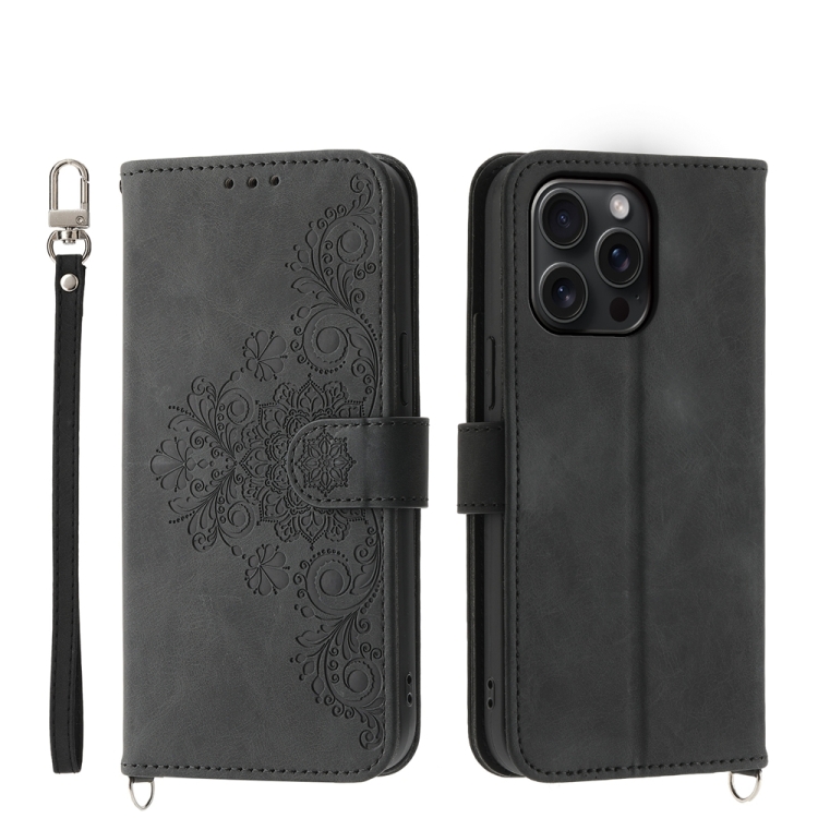 

For iPhone 15 Pro Max Skin-feel Flowers Embossed Wallet Leather Phone Case(Black)