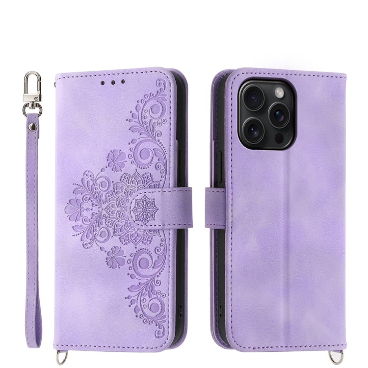 

For iPhone 15 Pro Max Skin-feel Flowers Embossed Wallet Leather Phone Case(Purple)