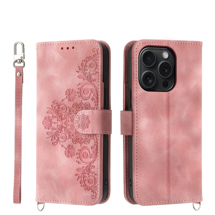 

For iPhone 15 Pro Skin-feel Flowers Embossed Wallet Leather Phone Case(Pink)