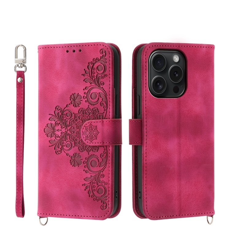 

For iPhone 15 Pro Skin-feel Flowers Embossed Wallet Leather Phone Case(Wine Red)