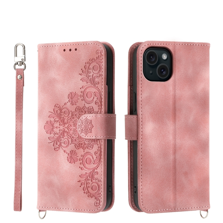 

For iPhone 15 Plus Skin-feel Flowers Embossed Wallet Leather Phone Case(Pink)