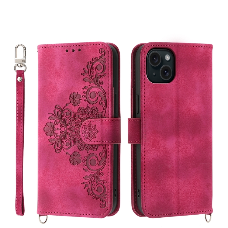 

For iPhone 15 Plus Skin-feel Flowers Embossed Wallet Leather Phone Case(Wine Red)