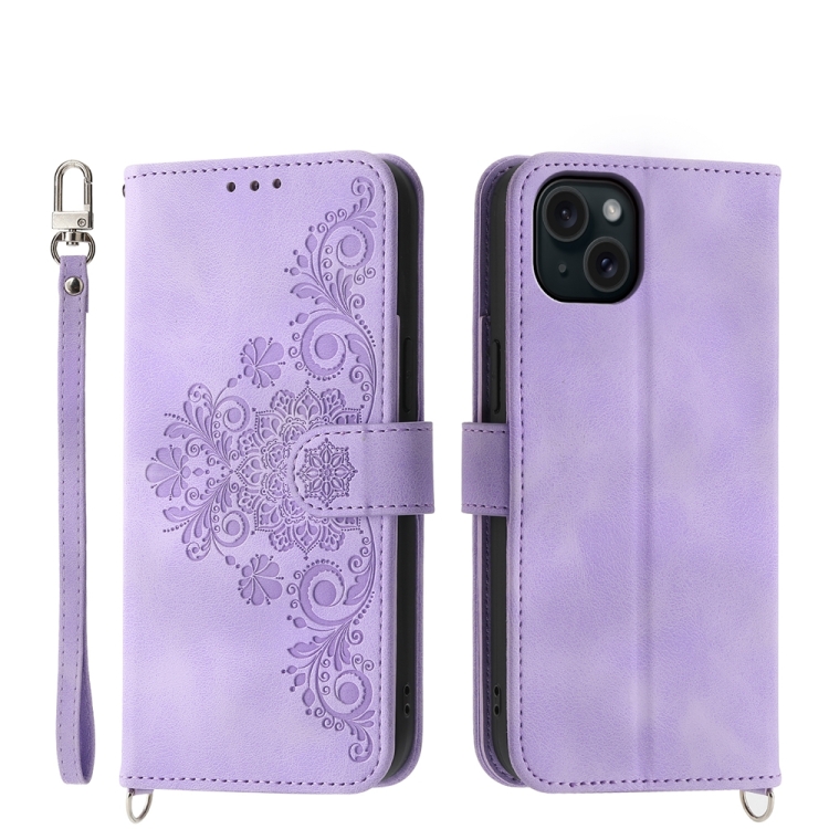 

For iPhone 15 Plus Skin-feel Flowers Embossed Wallet Leather Phone Case(Purple)