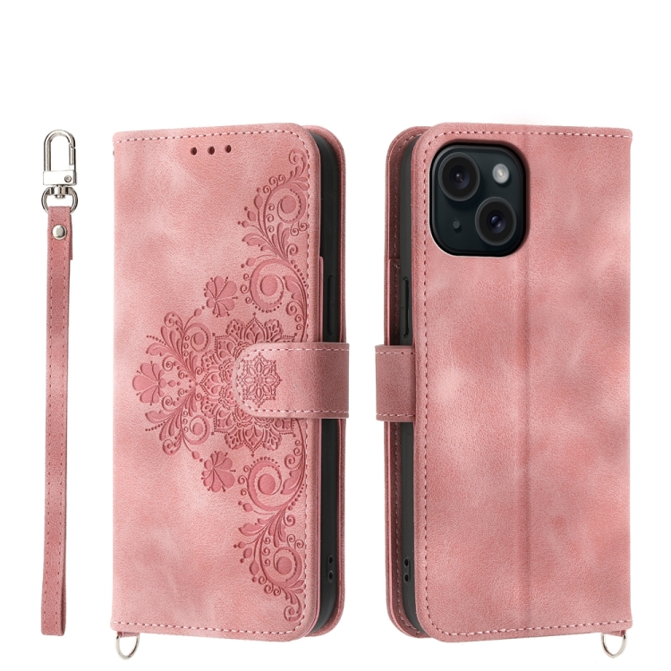 

For iPhone 15 Skin-feel Flowers Embossed Wallet Leather Phone Case(Pink)
