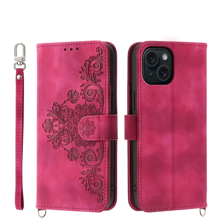 

For iPhone 15 Skin-feel Flowers Embossed Wallet Leather Phone Case(Wine Red)
