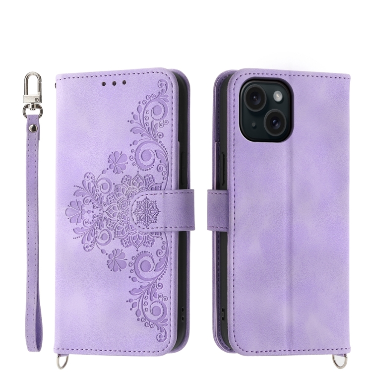 

For iPhone 15 Skin-feel Flowers Embossed Wallet Leather Phone Case(Purple)