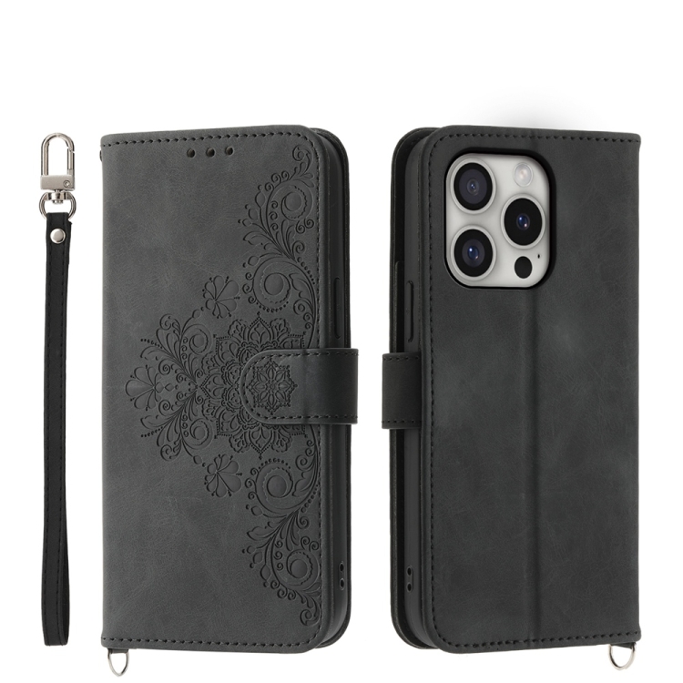 

For iPhone 16 Pro Skin-feel Flowers Embossed Wallet Leather Phone Case(Black)