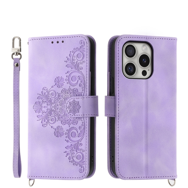 

For iPhone 16 Pro Skin-feel Flowers Embossed Wallet Leather Phone Case(Purple)