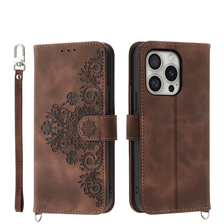 

For iPhone 16 Pro Skin-feel Flowers Embossed Wallet Leather Phone Case(Brown)