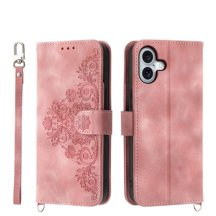 

For iPhone 16 Plus Skin-feel Flowers Embossed Wallet Leather Phone Case(Pink)