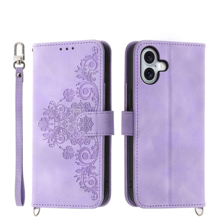 

For iPhone 16 Plus Skin-feel Flowers Embossed Wallet Leather Phone Case(Purple)