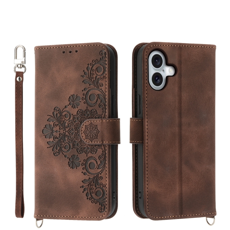 

For iPhone 16 Plus Skin-feel Flowers Embossed Wallet Leather Phone Case(Brown)