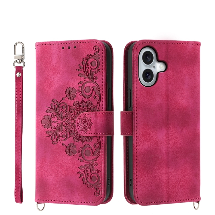 

For iPhone 16 Skin-feel Flowers Embossed Wallet Leather Phone Case(Wine Red)