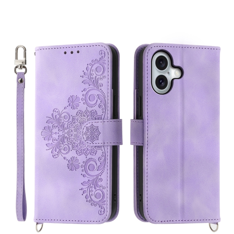 

For iPhone 16 Skin-feel Flowers Embossed Wallet Leather Phone Case(Purple)