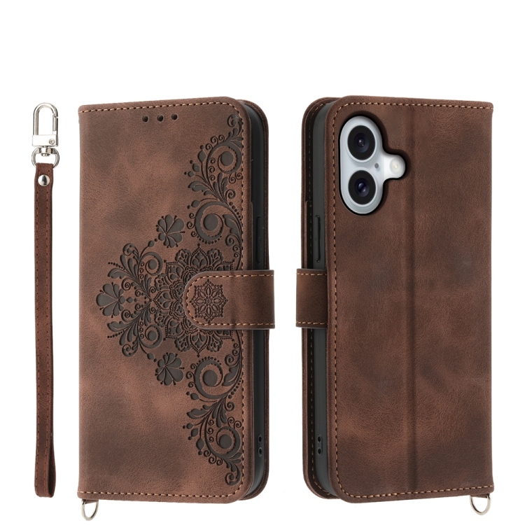 

For iPhone 16 Skin-feel Flowers Embossed Wallet Leather Phone Case(Brown)