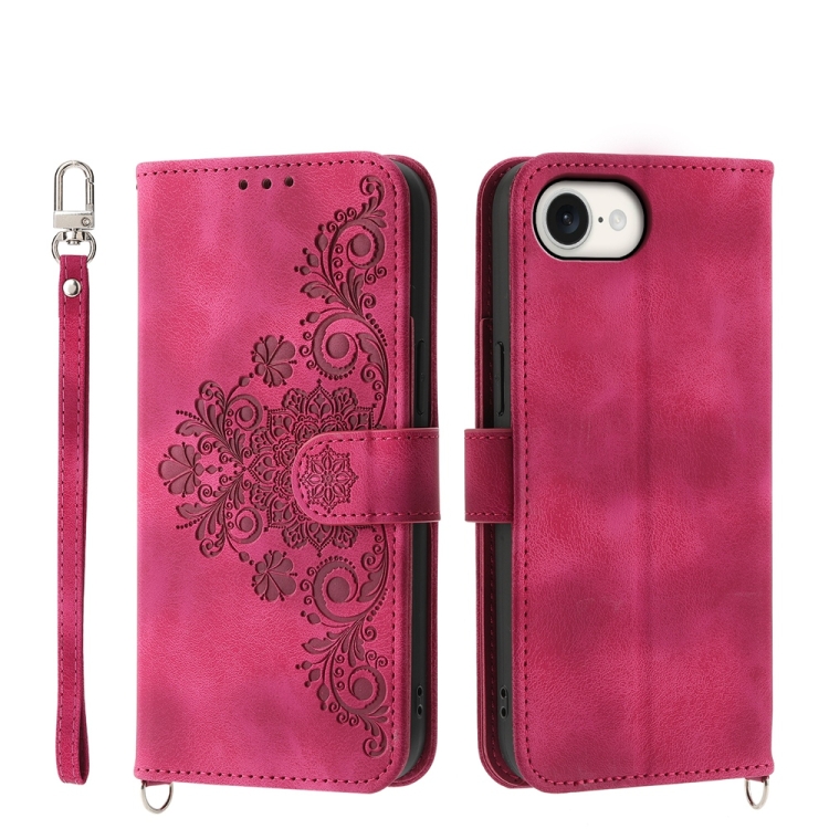 

For iPhone 16e Skin-feel Flowers Embossed Wallet Leather Phone Case(Wine Red)