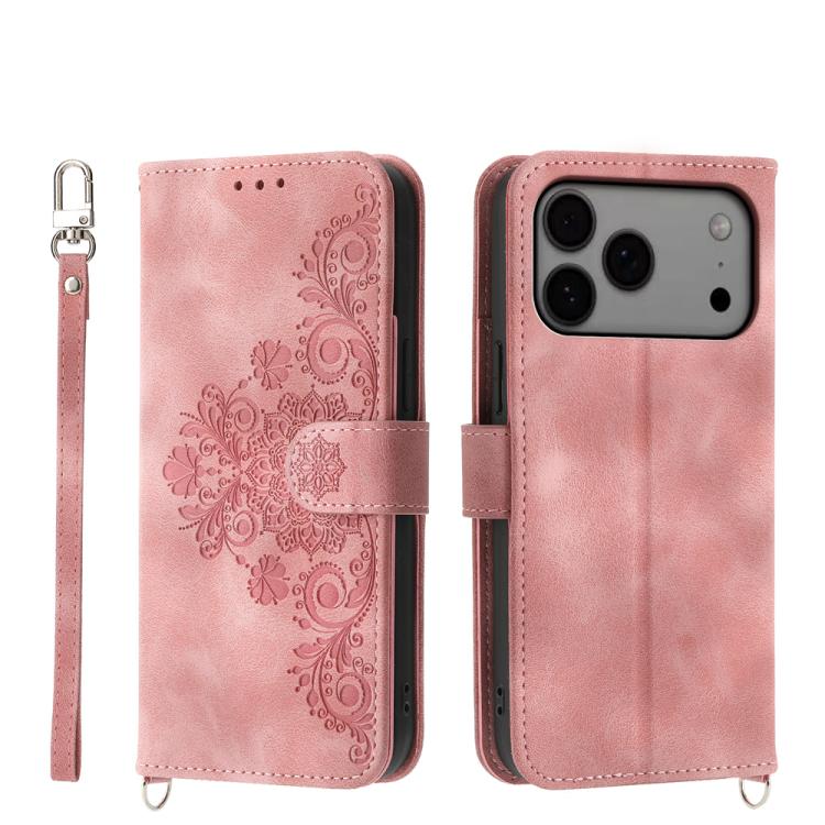 

For iPhone 17 Pro Max Skin-feel Flowers Embossed Wallet Leather Phone Case(Pink)