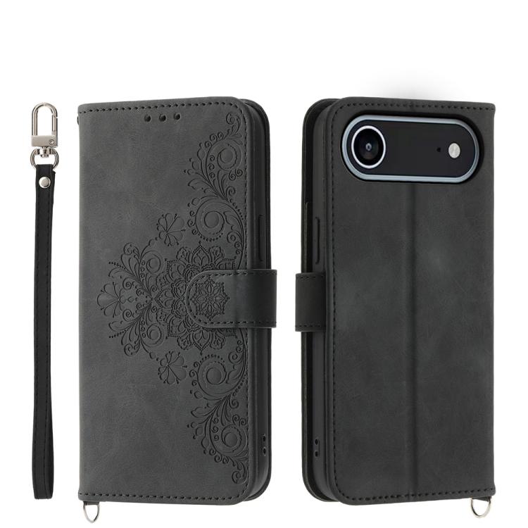 

For iPhone 17 Air Skin-feel Flowers Embossed Wallet Leather Phone Case(Black)