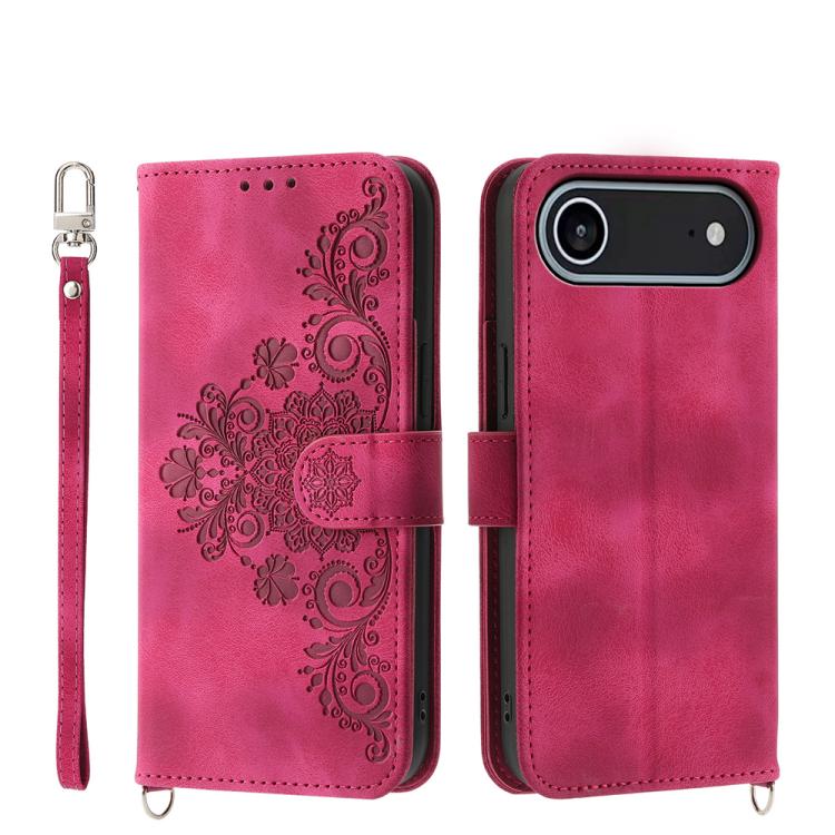 

For iPhone 17 Air Skin-feel Flowers Embossed Wallet Leather Phone Case(Wine Red)