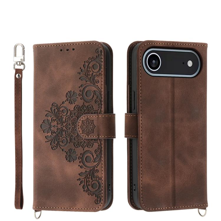 

For iPhone 17 Air Skin-feel Flowers Embossed Wallet Leather Phone Case(Brown)