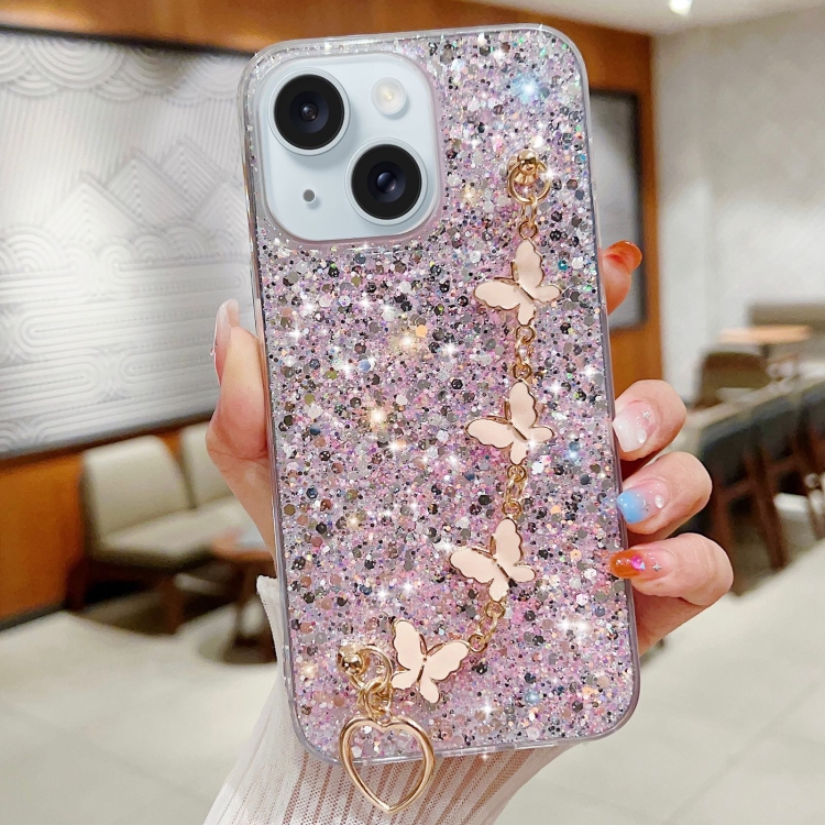 

For iPhone 15 Plus Starry Sequin Butterfly Chain Epoxy TPU Phone Case(Blue)