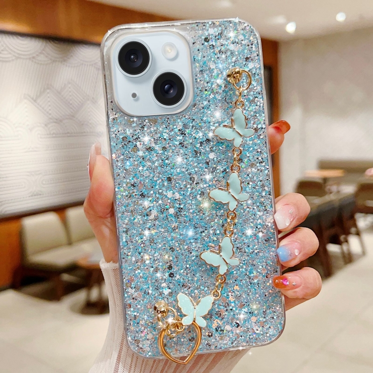 

For iPhone 14 Plus Starry Sequin Butterfly Chain Epoxy TPU Phone Case(Blue)