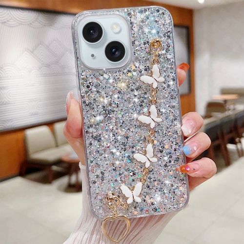 

For iPhone 14 Plus Starry Sequin Butterfly Chain Epoxy TPU Phone Case(Silver)