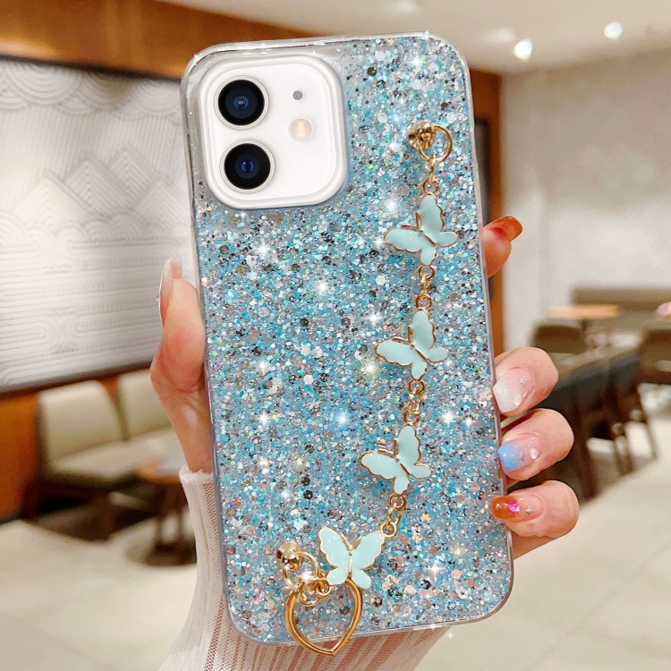 

For iPhone 12 Starry Sequin Butterfly Chain Epoxy TPU Phone Case(Blue)