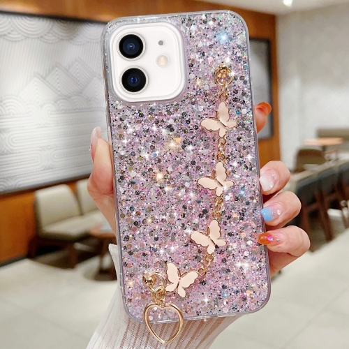 

For iPhone 12 Starry Sequin Butterfly Chain Epoxy TPU Phone Case(Pink)