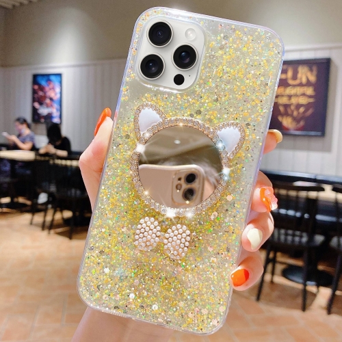 For iPhone 15 Pro Starry Sequin Diamond Cat Ears Mirror Epoxy TPU Phone Case(Yellow)