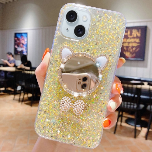 

For iPhone 15 Plus Starry Sequin Diamond Cat Ears Mirror Epoxy TPU Phone Case(Yellow)
