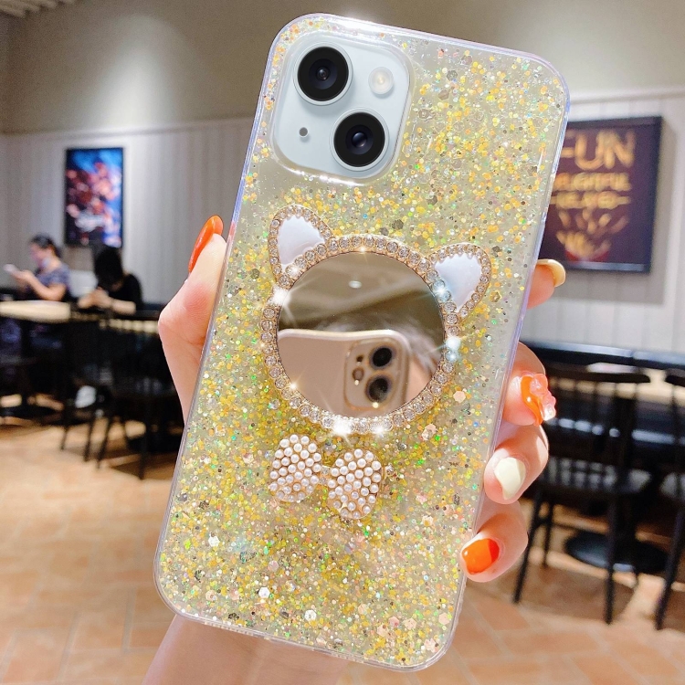 

For iPhone 14 Starry Sequin Diamond Cat Ears Mirror Epoxy TPU Phone Case(Yellow)