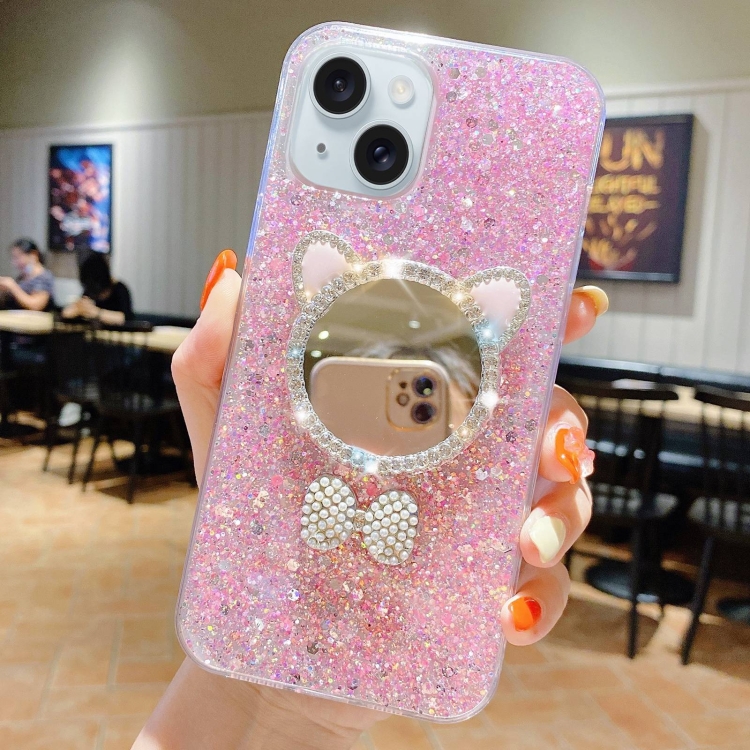 

For iPhone 14 Starry Sequin Diamond Cat Ears Mirror Epoxy TPU Phone Case(Pink)