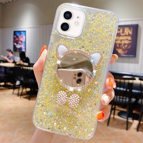 For iPhone 12 mini Starry Sequin Diamond Cat Ears Mirror Epoxy TPU Phone Case(Yellow) animal cat dog scented silicone mold handmades cat scented epoxy mold diy craft women girl fondant mold