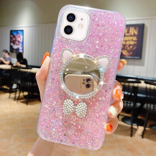For iPhone 11 Starry Sequin Diamond Cat Ears Mirror Epoxy TPU Phone Case(Pink)