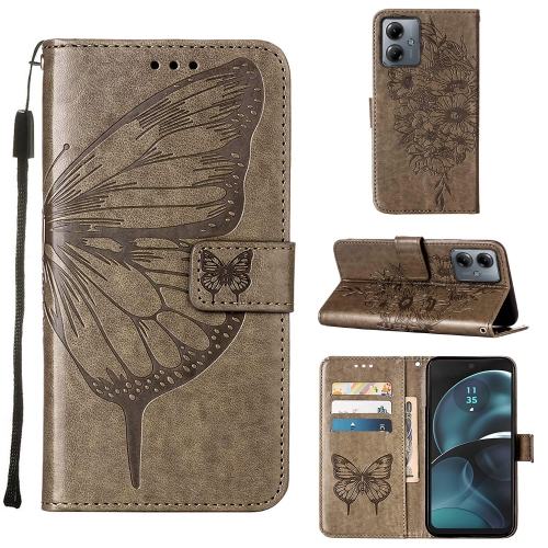 

For Motorola Moto G14 Embossed Butterfly Leather Phone Case(Grey)