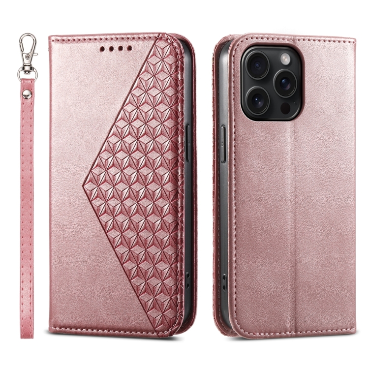 

For iPhone 15 Pro Max Cubic Grid Calf Texture Magnetic Leather Phone Case(Rose Gold)
