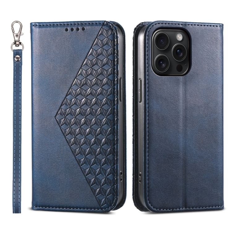

For iPhone 15 Pro Max Cubic Grid Calf Texture Magnetic Leather Phone Case(Blue)