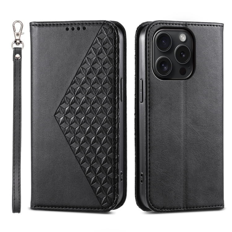 

For iPhone 15 Pro Cubic Grid Calf Texture Magnetic Leather Phone Case(Black)
