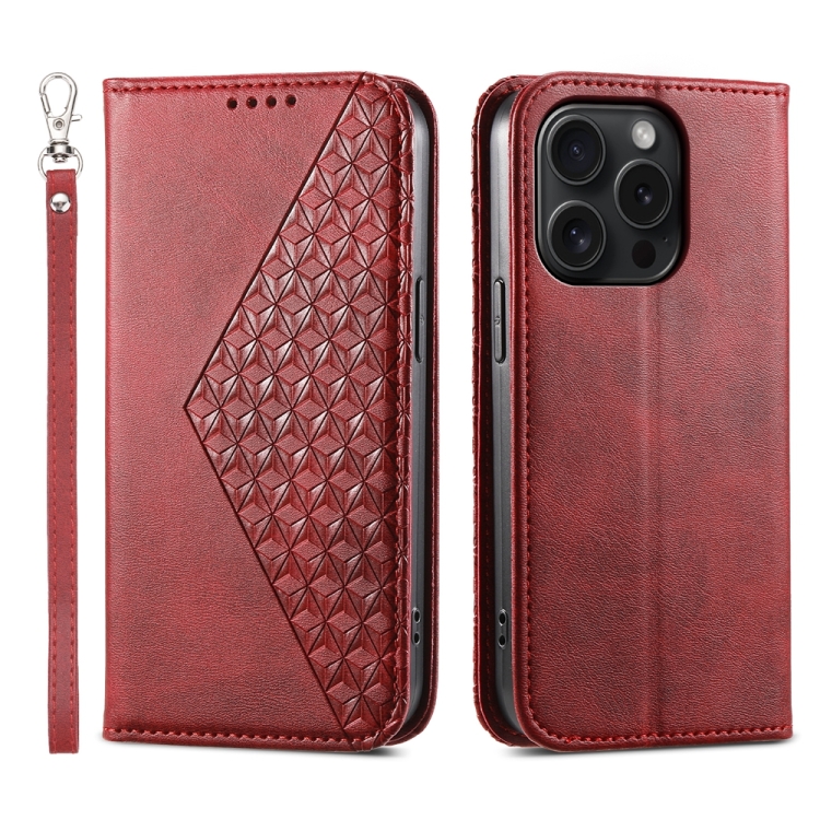 

For iPhone 15 Pro Cubic Grid Calf Texture Magnetic Leather Phone Case(Red)