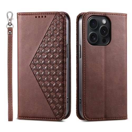 

For iPhone 15 Pro Cubic Grid Calf Texture Magnetic Leather Phone Case(Brown)