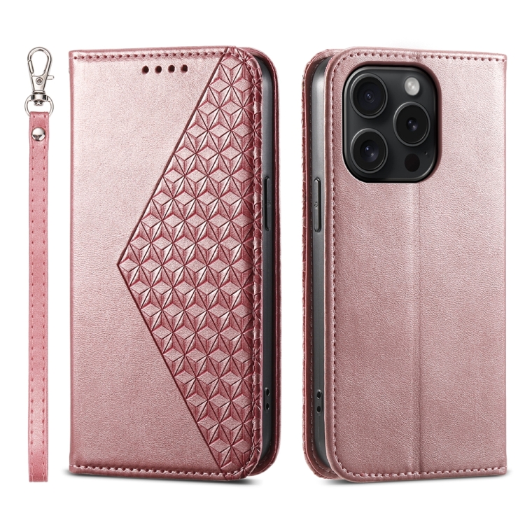 

For iPhone 15 Pro Cubic Grid Calf Texture Magnetic Leather Phone Case(Rose Gold)