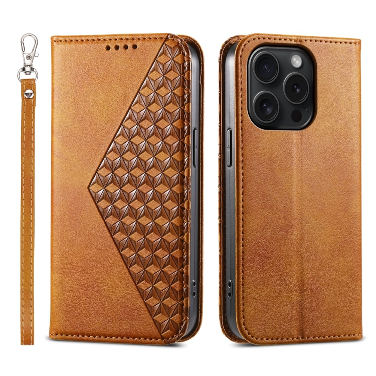 

For iPhone 15 Pro Cubic Grid Calf Texture Magnetic Leather Phone Case(Yellow)