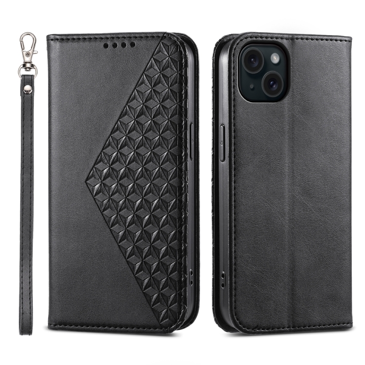 

For iPhone 15 Plus Cubic Grid Calf Texture Magnetic Leather Phone Case(Black)