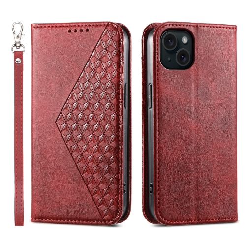 

For iPhone 15 Plus Cubic Grid Calf Texture Magnetic Leather Phone Case(Red)