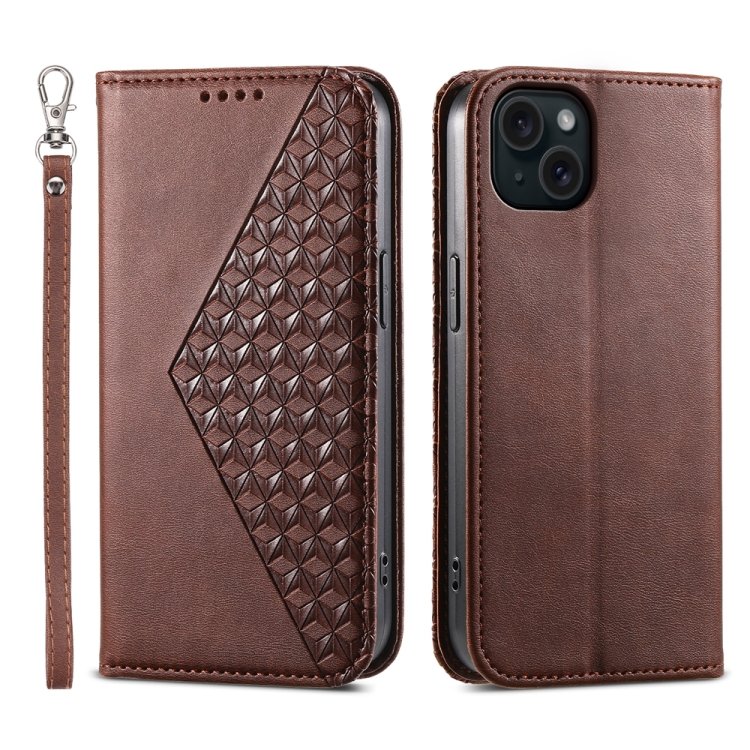

For iPhone 15 Plus Cubic Grid Calf Texture Magnetic Leather Phone Case(Brown)