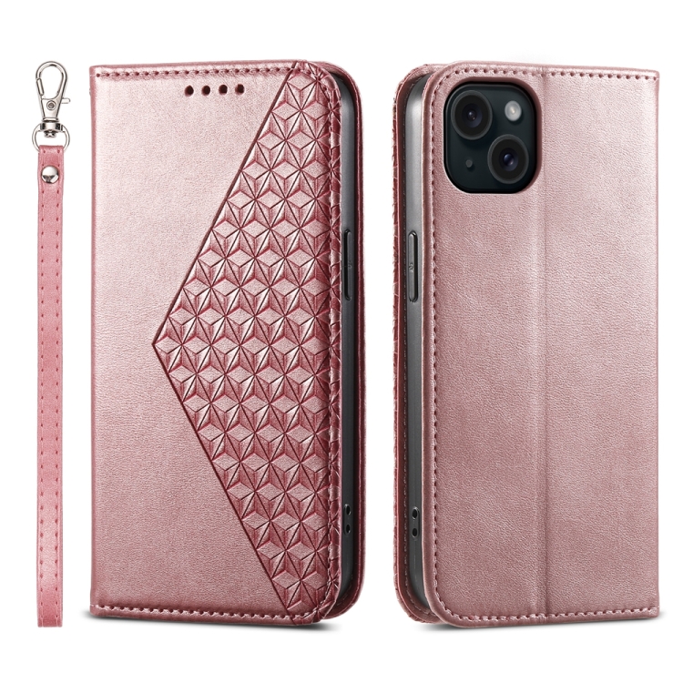 

For iPhone 15 Plus Cubic Grid Calf Texture Magnetic Leather Phone Case(Rose Gold)