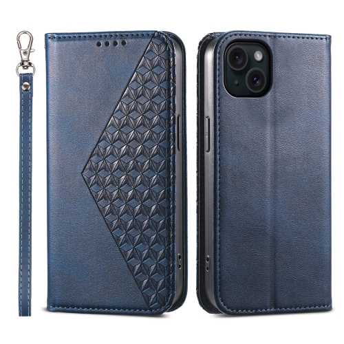 

For iPhone 15 Plus Cubic Grid Calf Texture Magnetic Leather Phone Case(Blue)