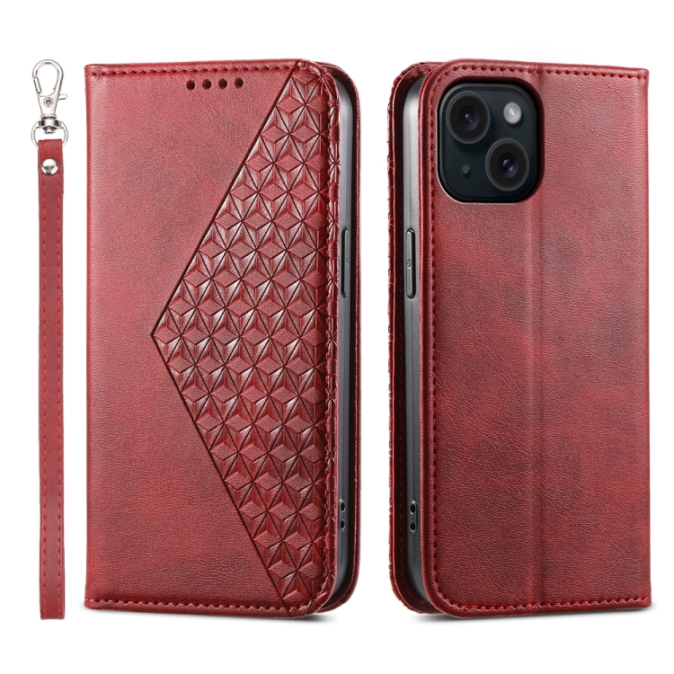 

For iPhone 15 Cubic Grid Calf Texture Magnetic Leather Phone Case(Red)
